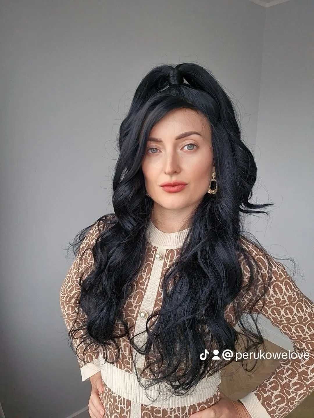 Peruka czarna z kucykiem lace front kręcone długie włosy jak naturalne