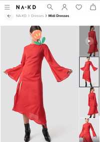 Rozmiar XS asymetryczna sukienka midi czerwona, rozporek, szerokie ręk