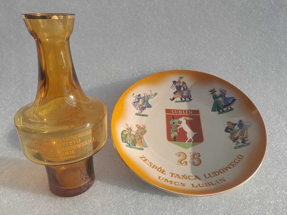 Stary okolicznościowy, ozdobny talerz i wazon PRL - UMCS Lublin