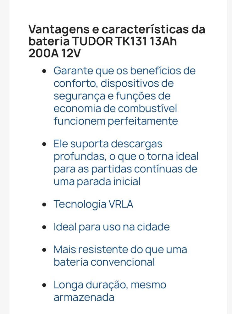 Baterias Tudor auxiliar start-stop para carros e motos