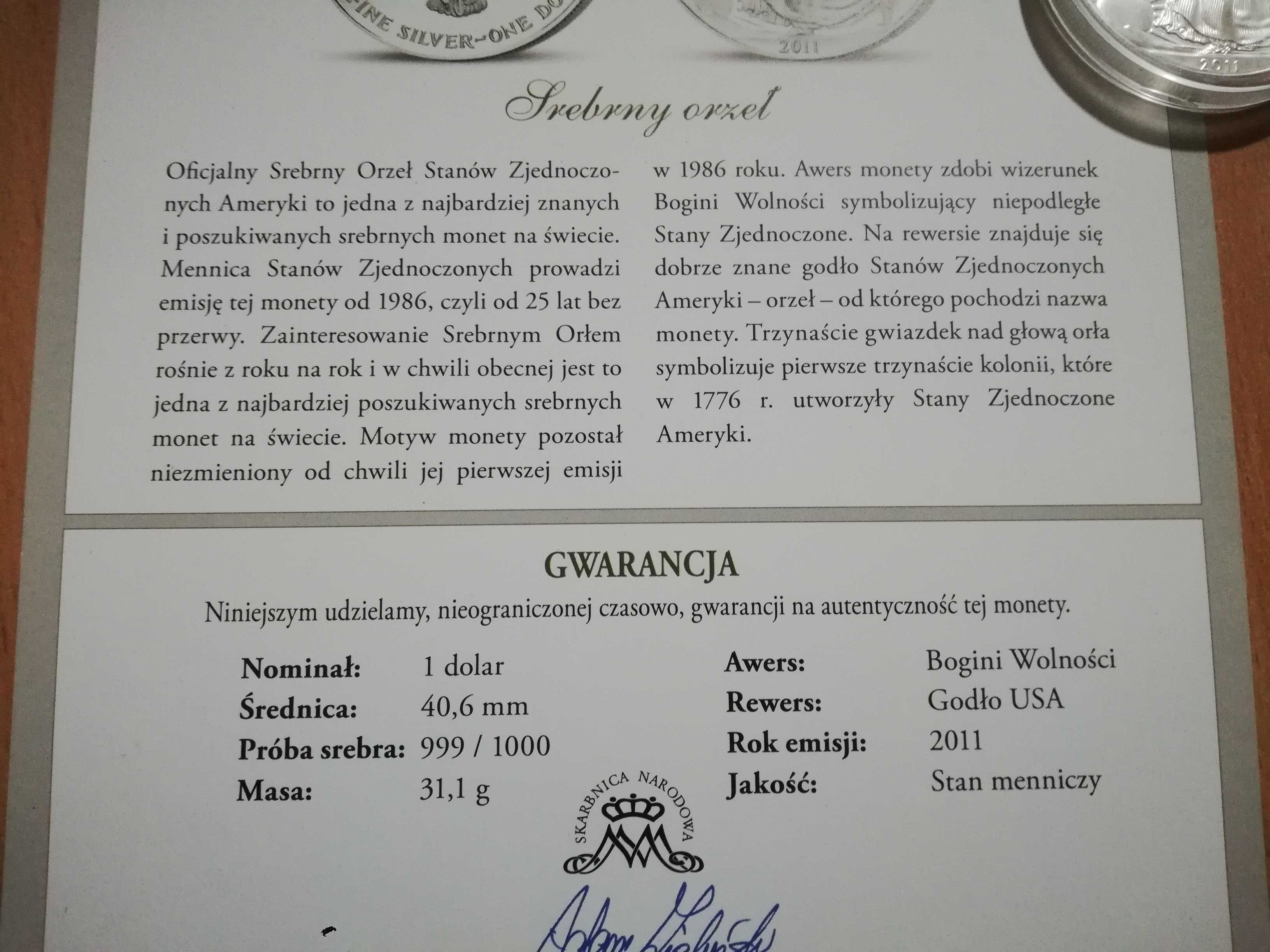 Stara srebrna moneta orzeł dolar 2011  S