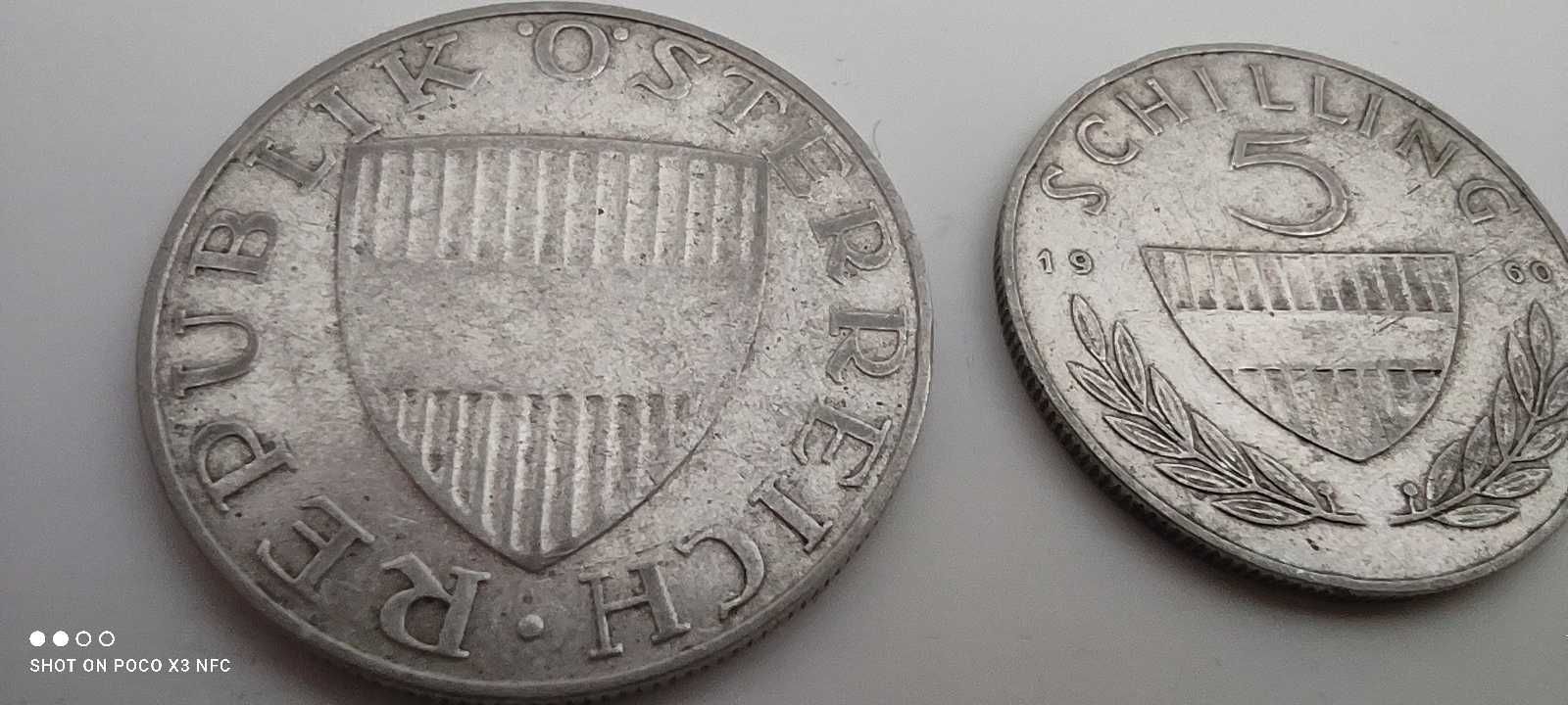 Monety srebrne zestaw 10 i 5 szylingów Austria srebro Ag