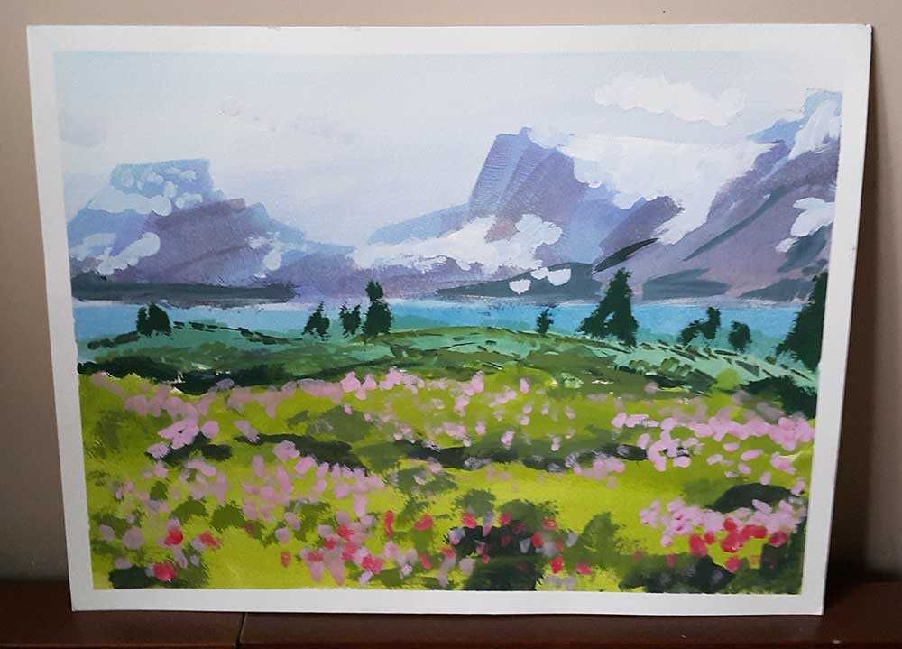 Górski pejzaż wiosenny, tempera na kartonie