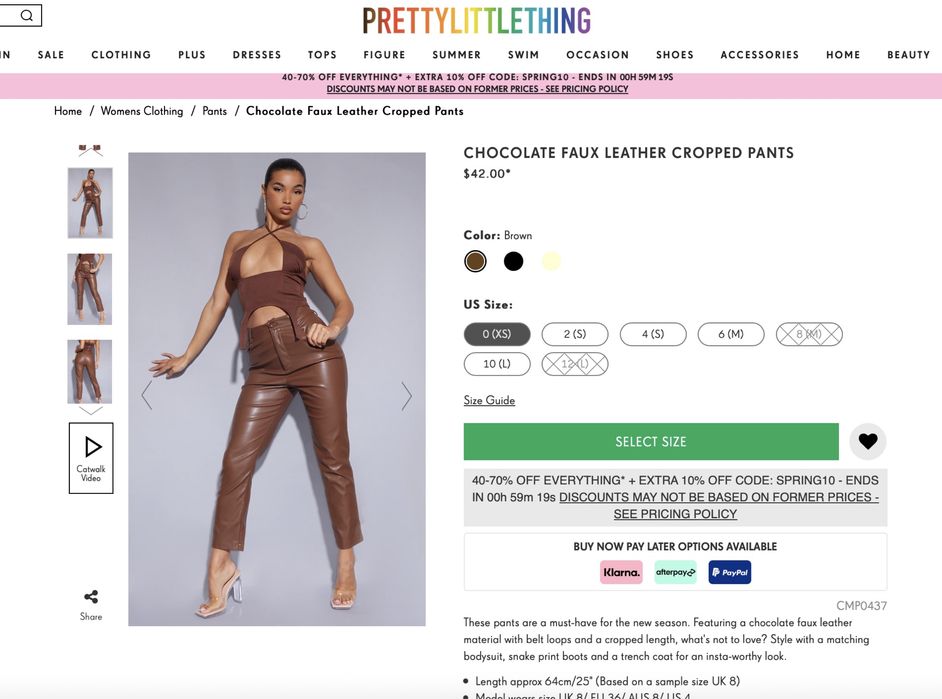 Prettylittlething  шоколадные брюки-кроп из искусственной кожи XS