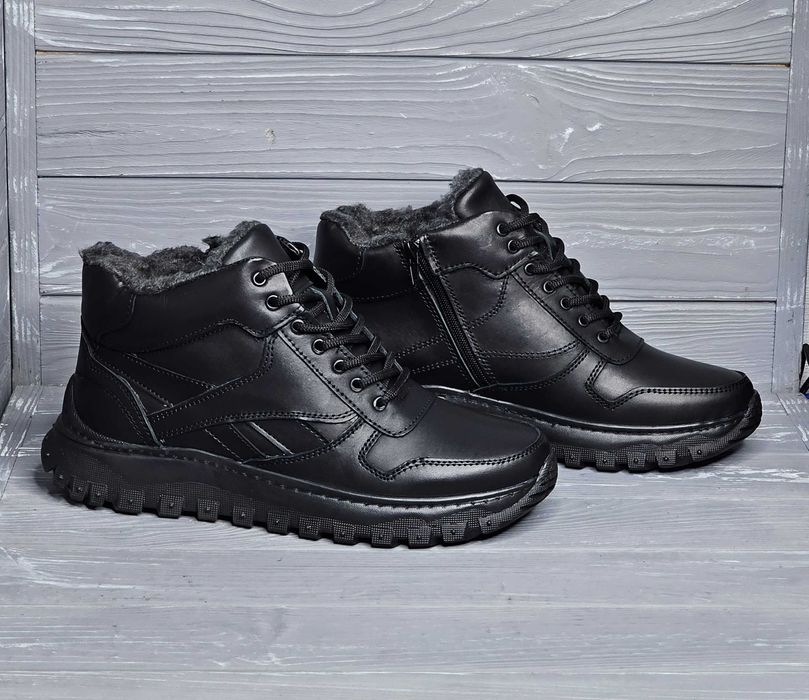 Кожаные мужские зимние широкие черные прошитые ботинки шнурок змейка