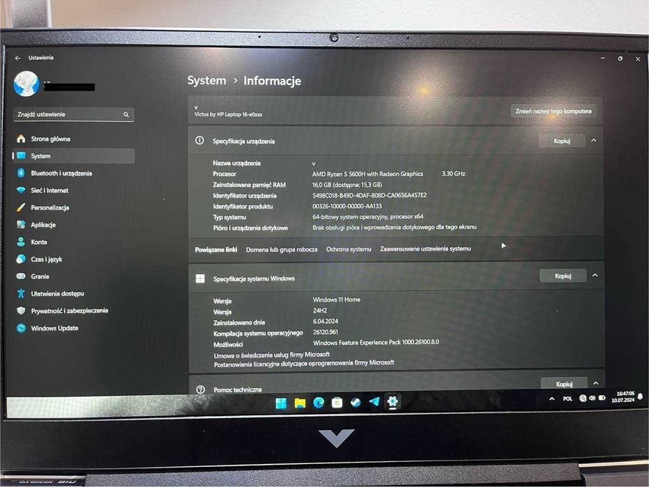 Laptop gamingowy HP Victus 16 Ryzen 5/16GB/512 RTX3050Ti stan idealny