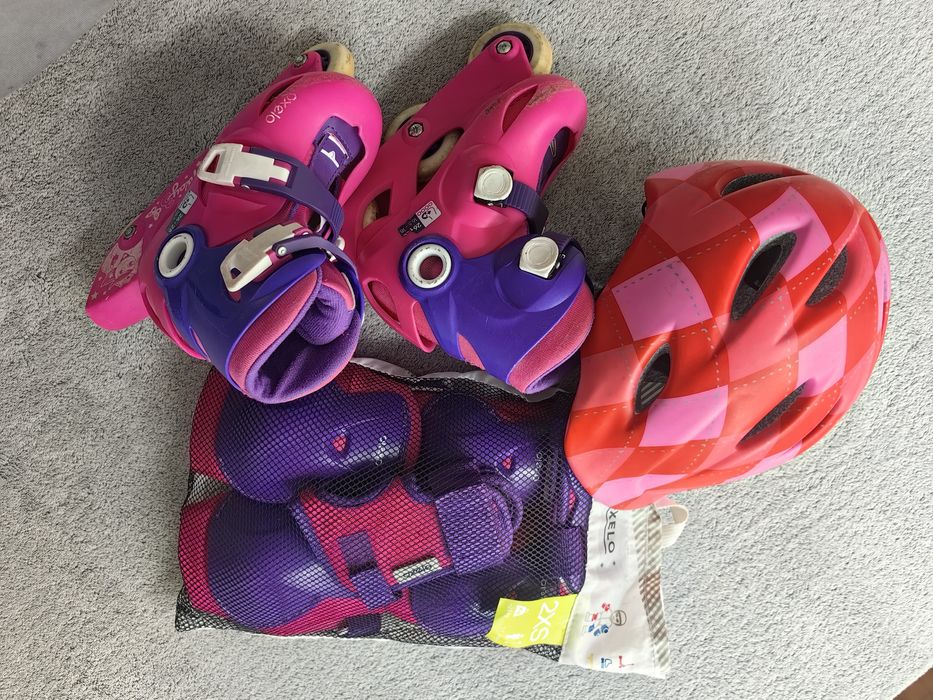 Zestaw rolki 26-28 ochraniacze 2xs oxelo i kask Kross XS różowe