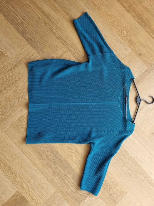 Damski sweter rękaw 3/4 Reserverd turkusowy sweter oversize szeroki