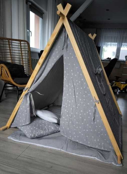 Namiot Tipi dla Dzieci Szary we Wzory 2 Poduszki Oświetlenie Led