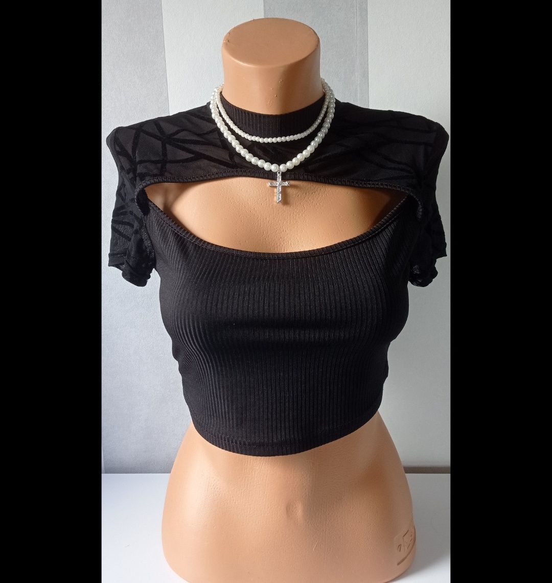 Bluzka czarna prążkowna odkryty dekolt crop top z siateczką Shein M
