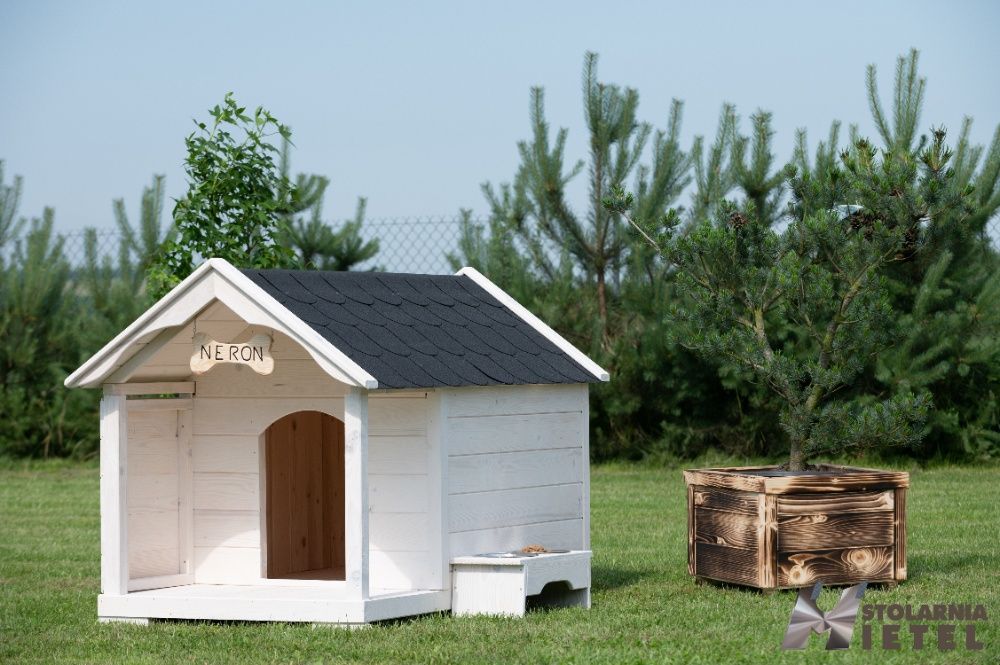 Bardzo duża buda dla psa z tarasem z litego drewna GRATISY