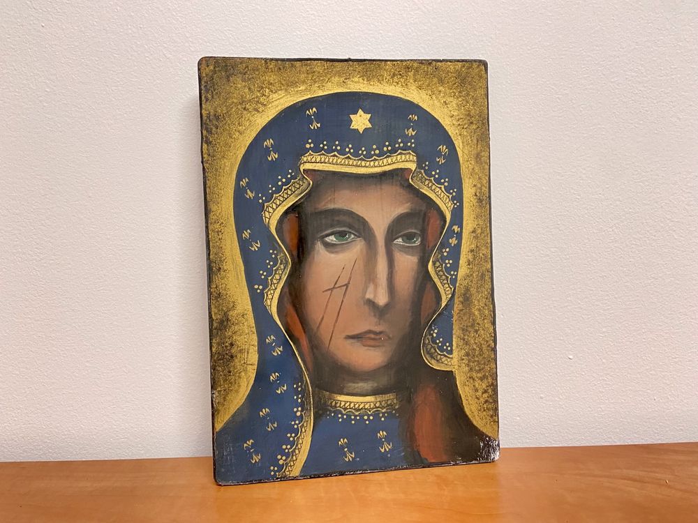 Ikona Madonna Częstochowska drewno tempera 32x22cm Cepelia 1981r
