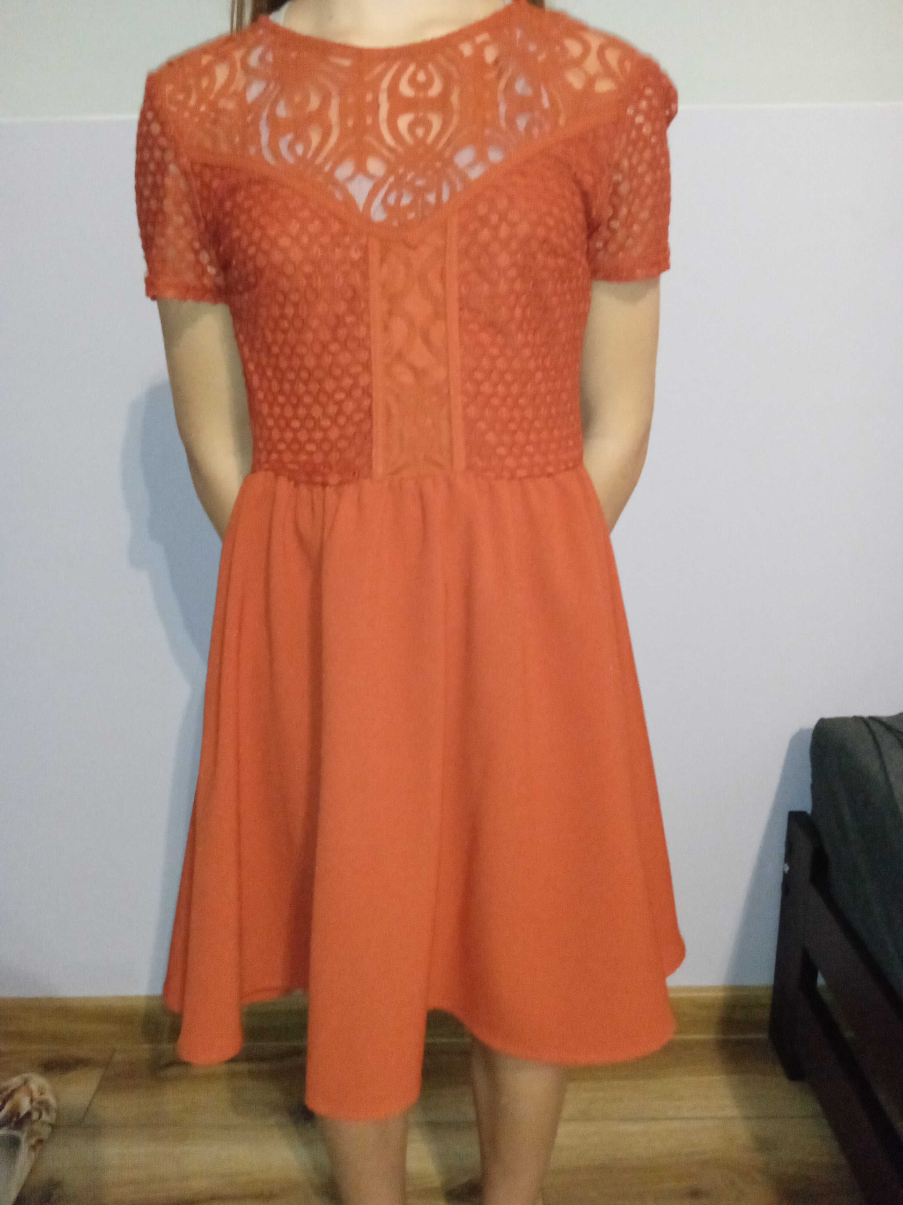 Pomarańczowa sukienka z koronkową górą H&M rozmiar S (36)