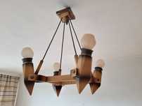 Lampa sufitowa drewniana, vintage PRL, 4-ramienna