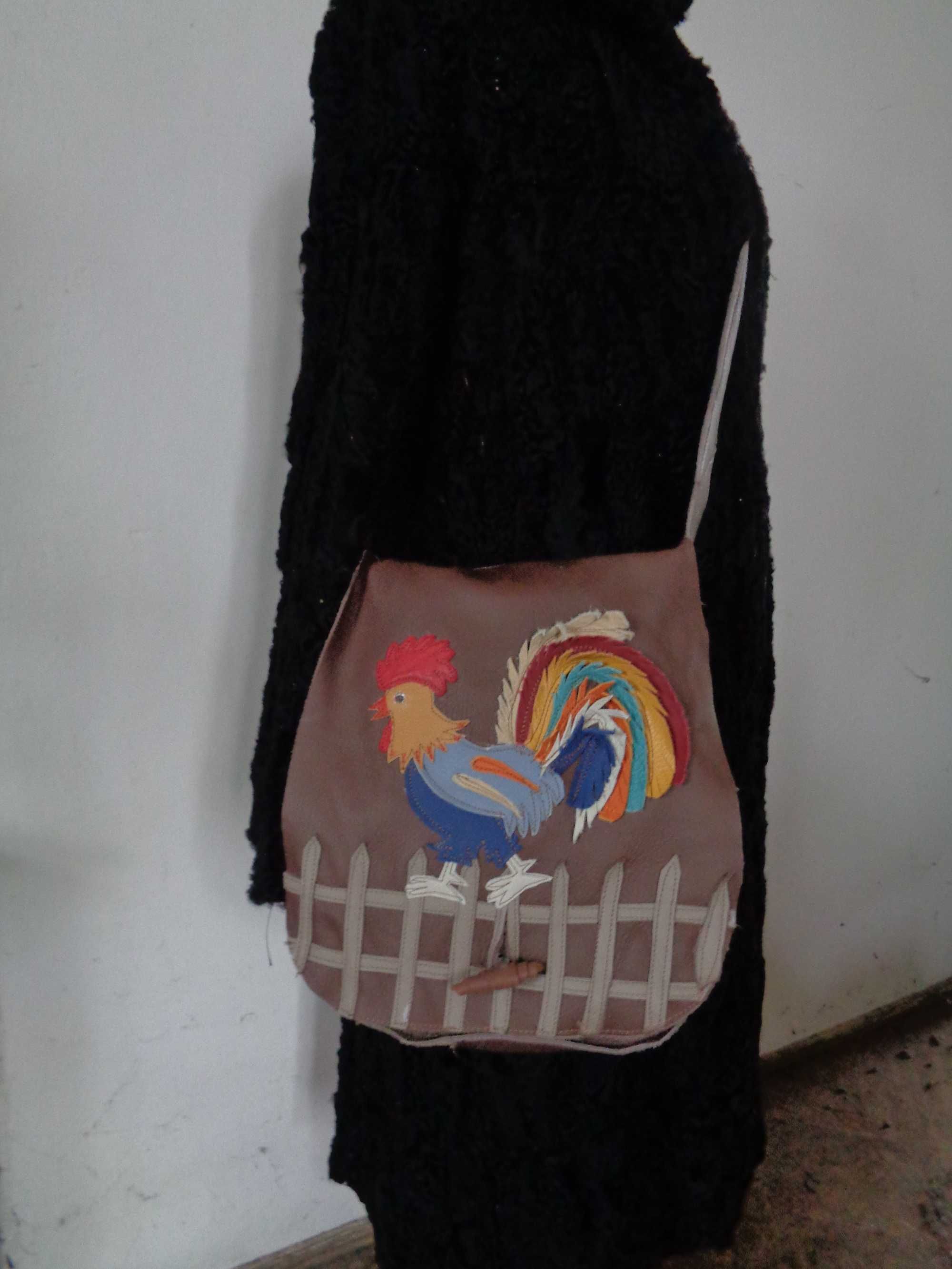Artystyczna torebka skórzana z kogutem.  Handmade