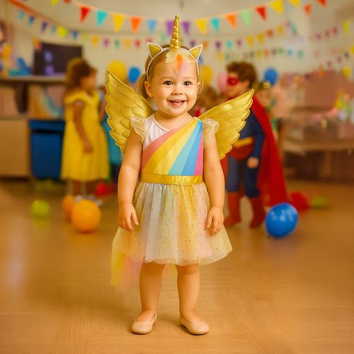 Piękny strój przebranie sukienka złoty jednorożec z dodatkami 110-116