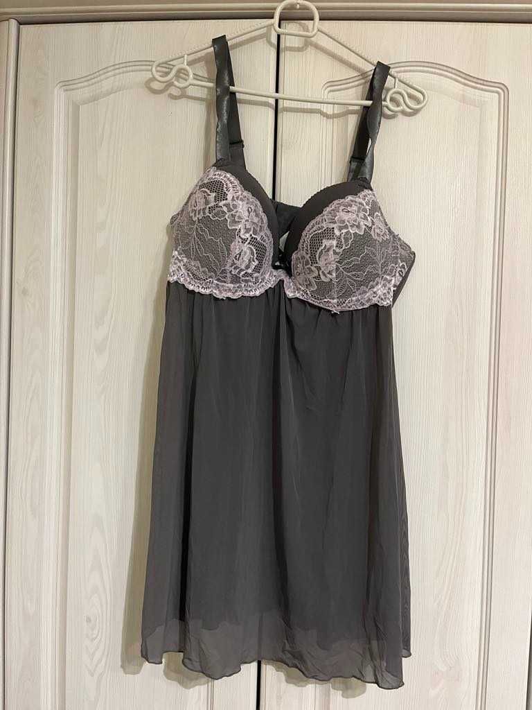 Piękna szara koszulka halka babydoll z koronką Janina 90 B 40L/42XL