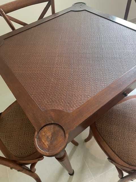 Mesa de jogo com 4 cadeiras Cedak em nogueira e palhinha
