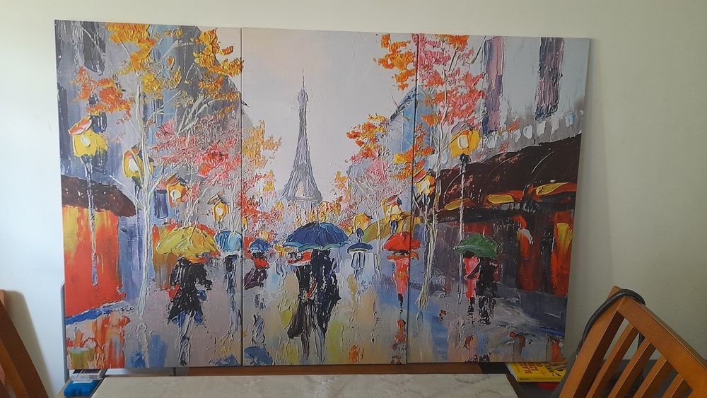 Obraz na płotnie Deszczowy Paryz 113x171 cm. Tryptyk