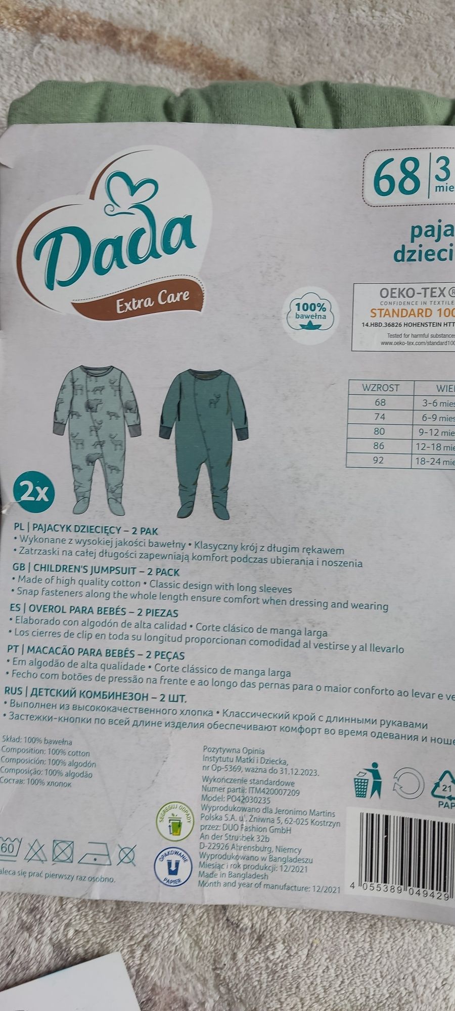 Pajac śpiochy piżama body niemowlęce r 68 zestaw 5szt dada