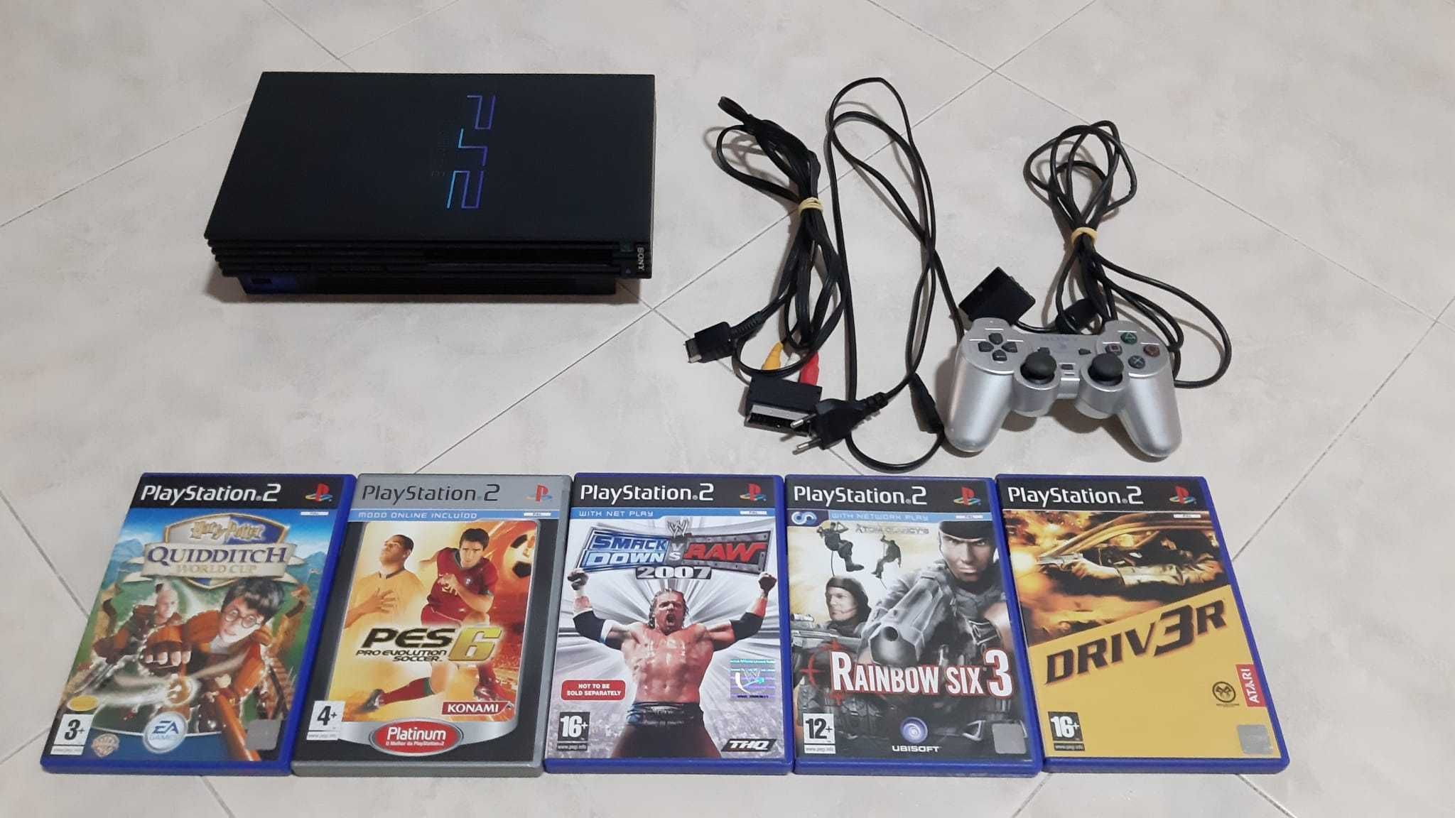 PS2 com 1 Comando Sony + 5 Jogos - Negociável