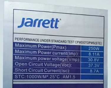 Солнечные монокристаллические панели Jarrett Solar 250 Watt