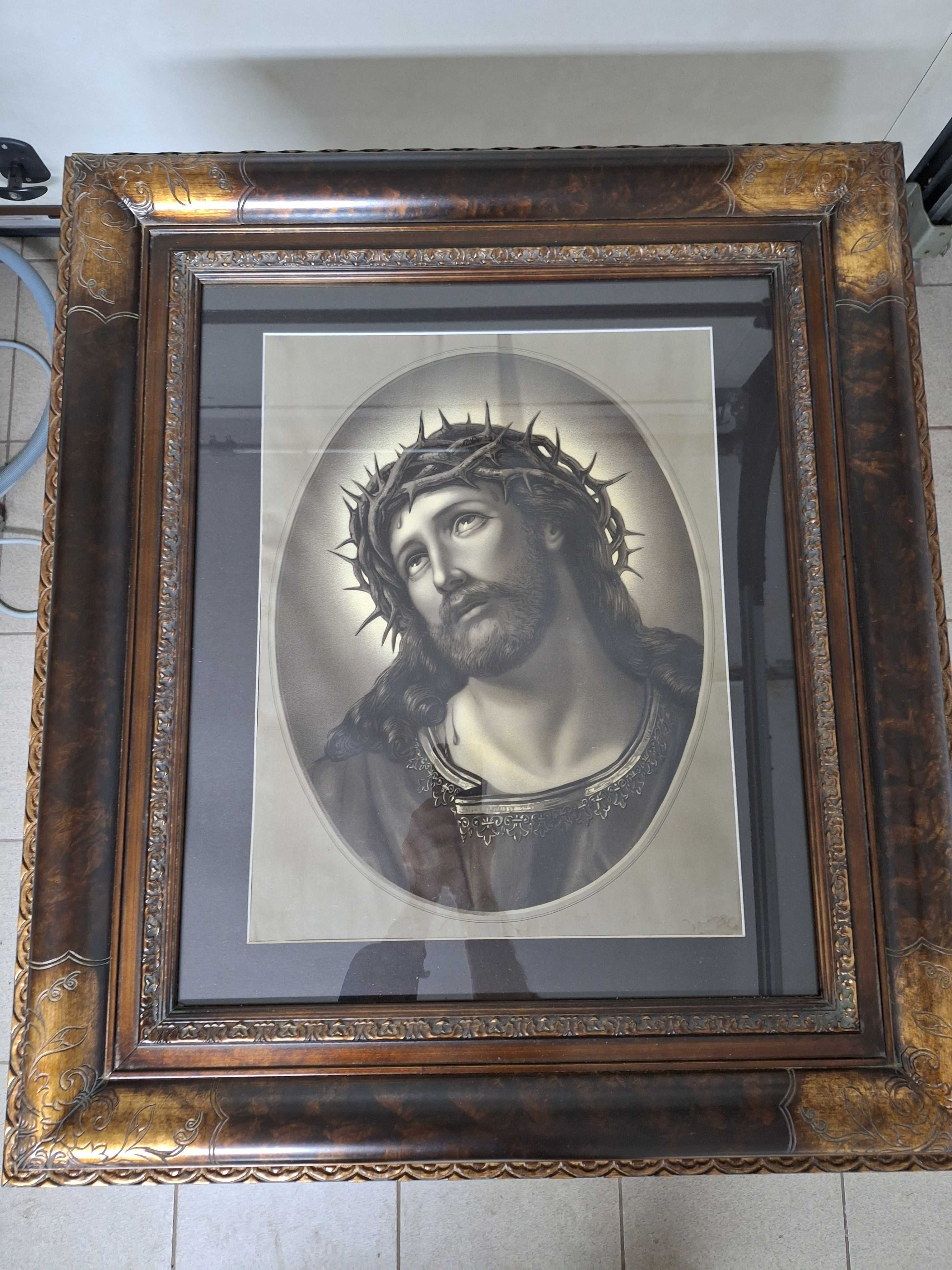 Obrazy 2 sztuki w nowych ramach oleodruk Matka Boska i Jezus 74 ×84 cm