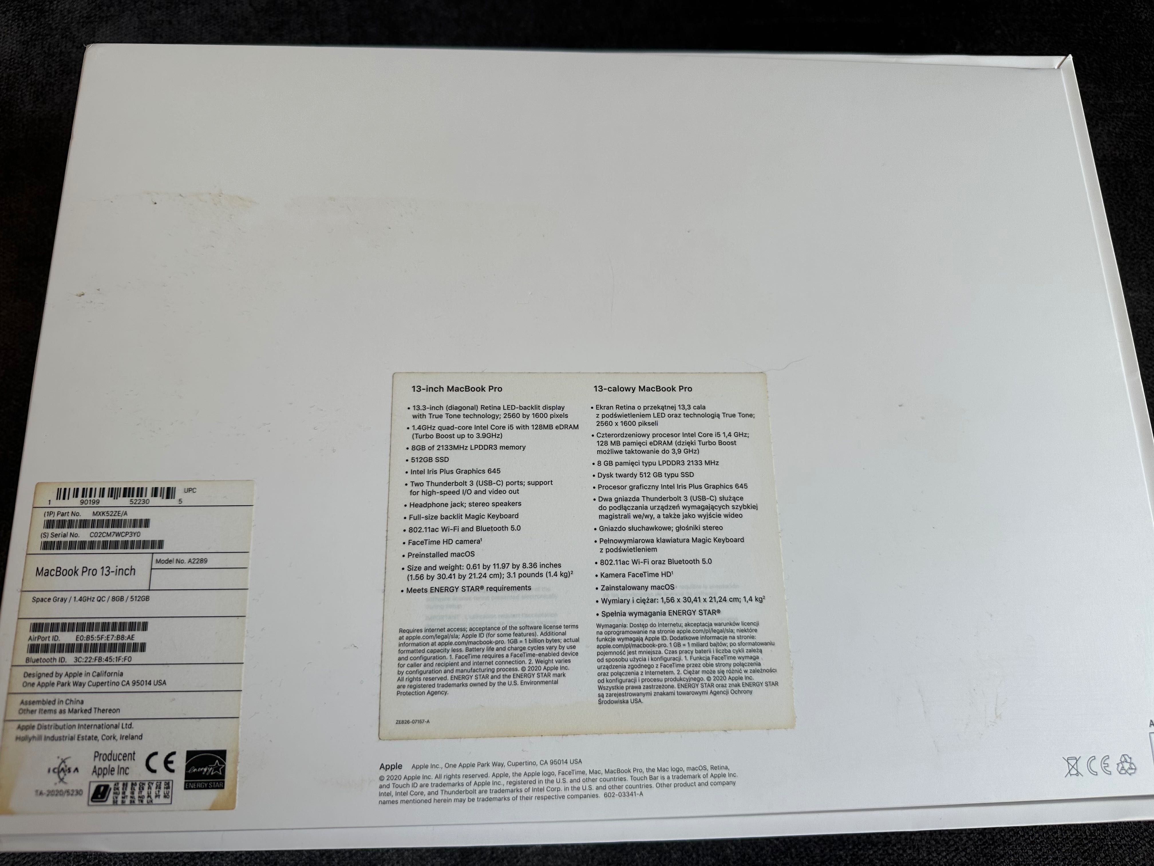 MacBook Pro 2020, 13 cali, Intel i5 1.4GHz, 8GB RAM, 512GB SSD, A2289