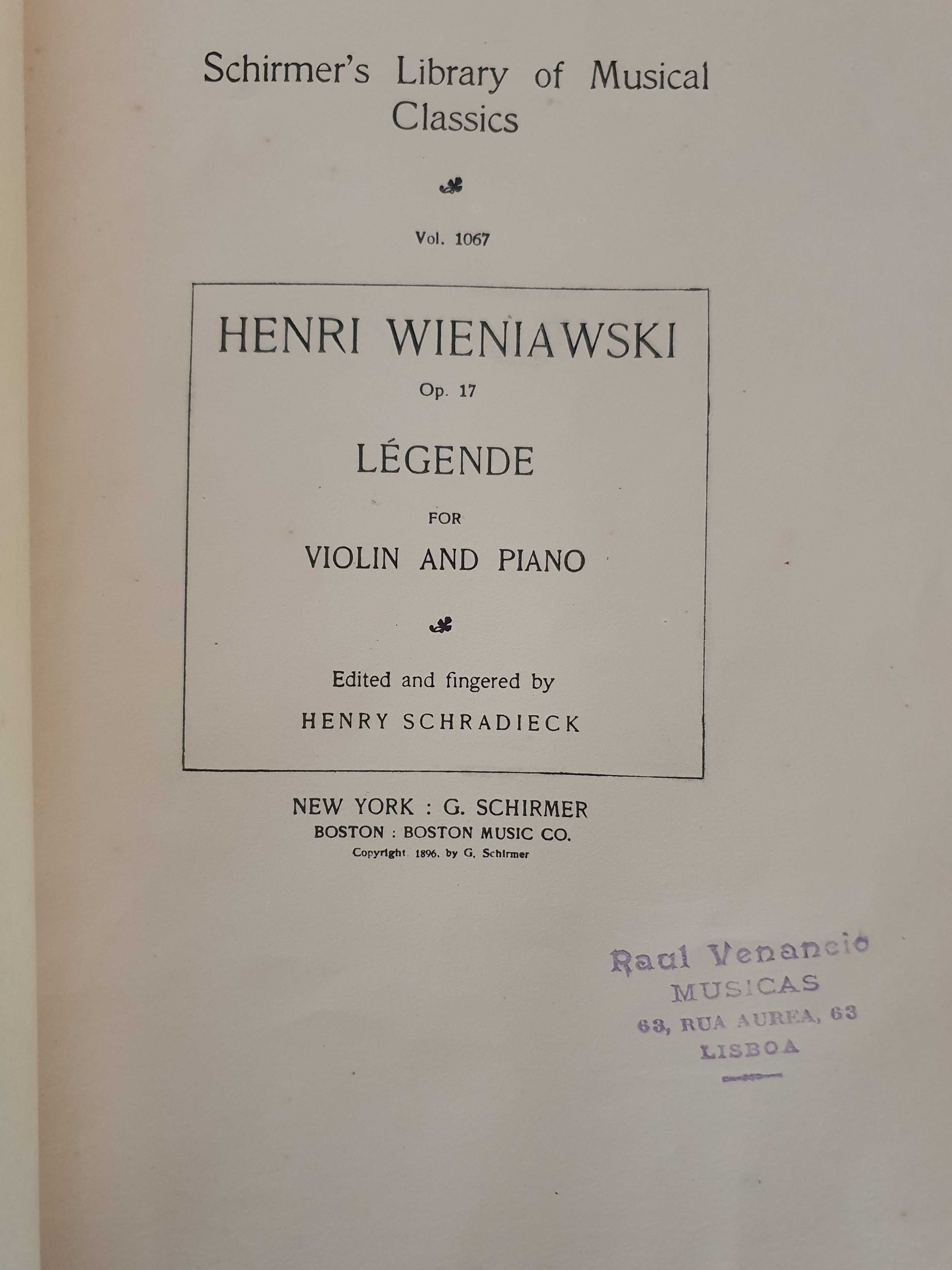 Partitura Musical Séc. XIX: H. Wieniawski - Schradieck, New York, 1896