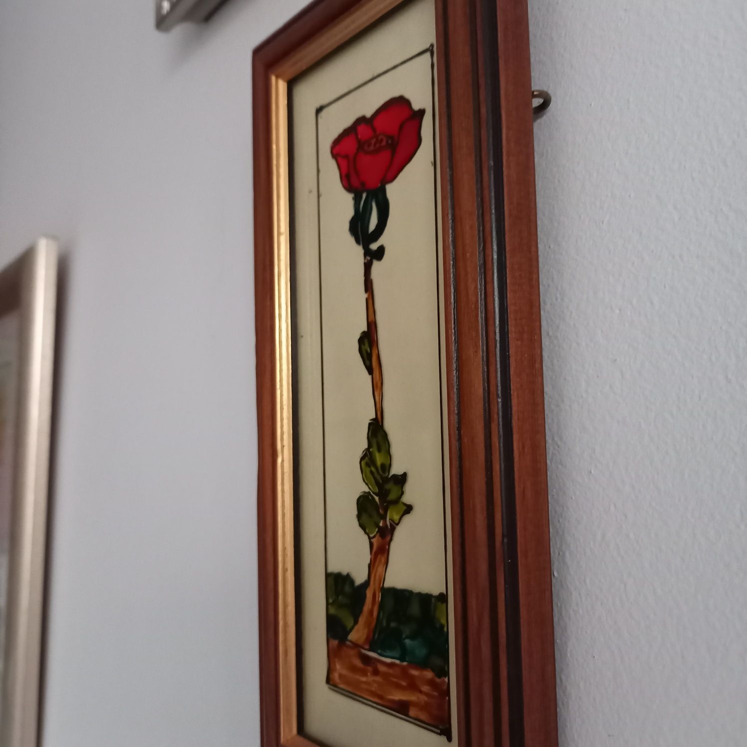 Obraz witrażowy drewniana rama retro vintage witraż szkło róża kwiaty
