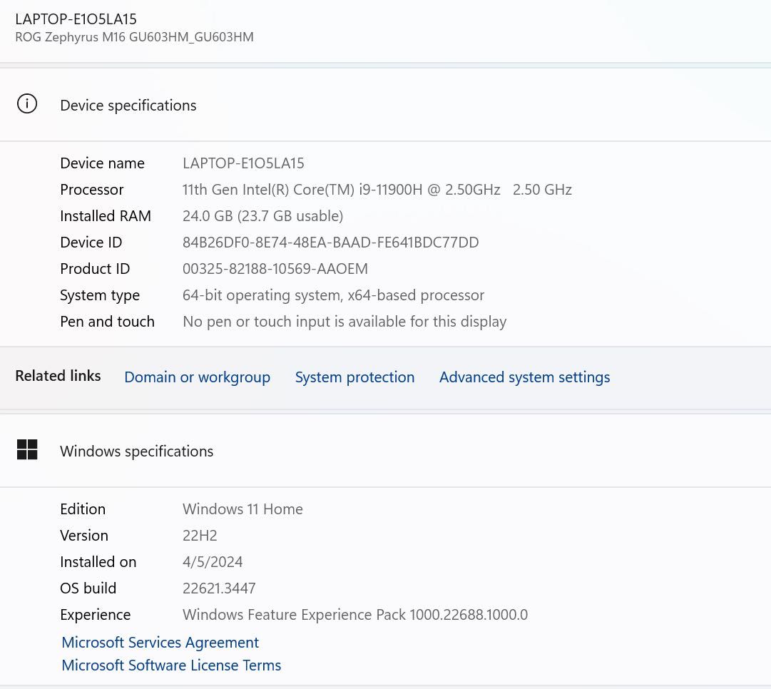 Ноутбук Asus ROG Zephyrus M16 GU603 i9 11900H/24 Ram/ 1TB/ 3060/ Win11