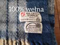 Koc wełniany gruby wełna renny ull w kratkę niebieski biały frędzle
