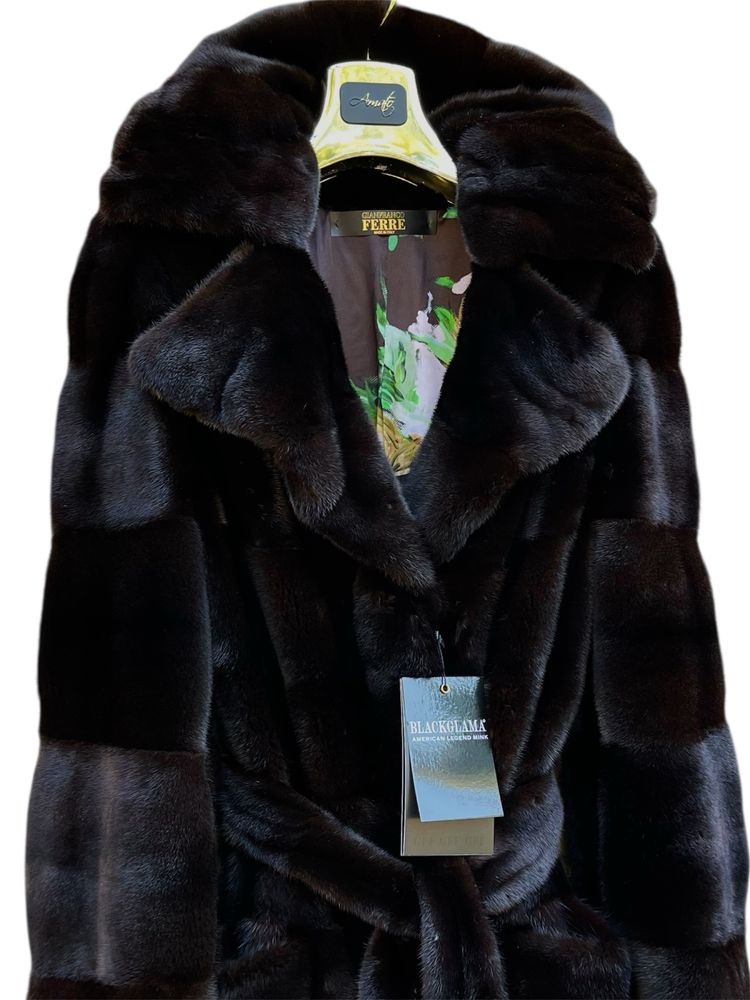 Шуба норкова black glama поперечка з поясом 150 см довжина р.М-Л