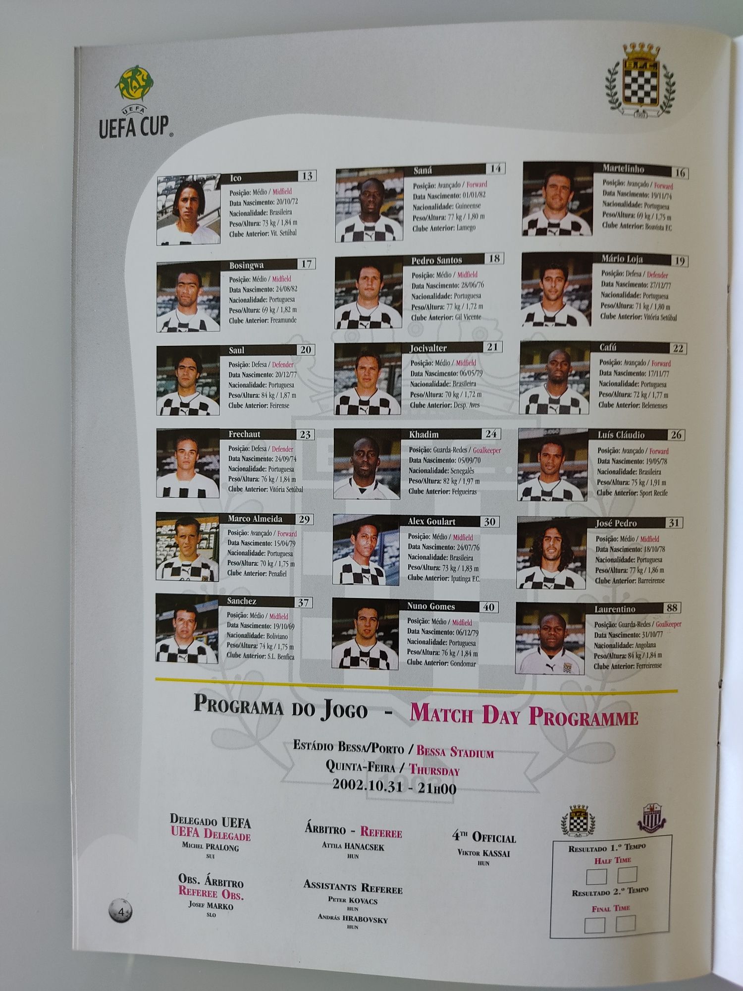 Programa de jogo Boavista Anorthosis Famagusta UEFA 2002/03