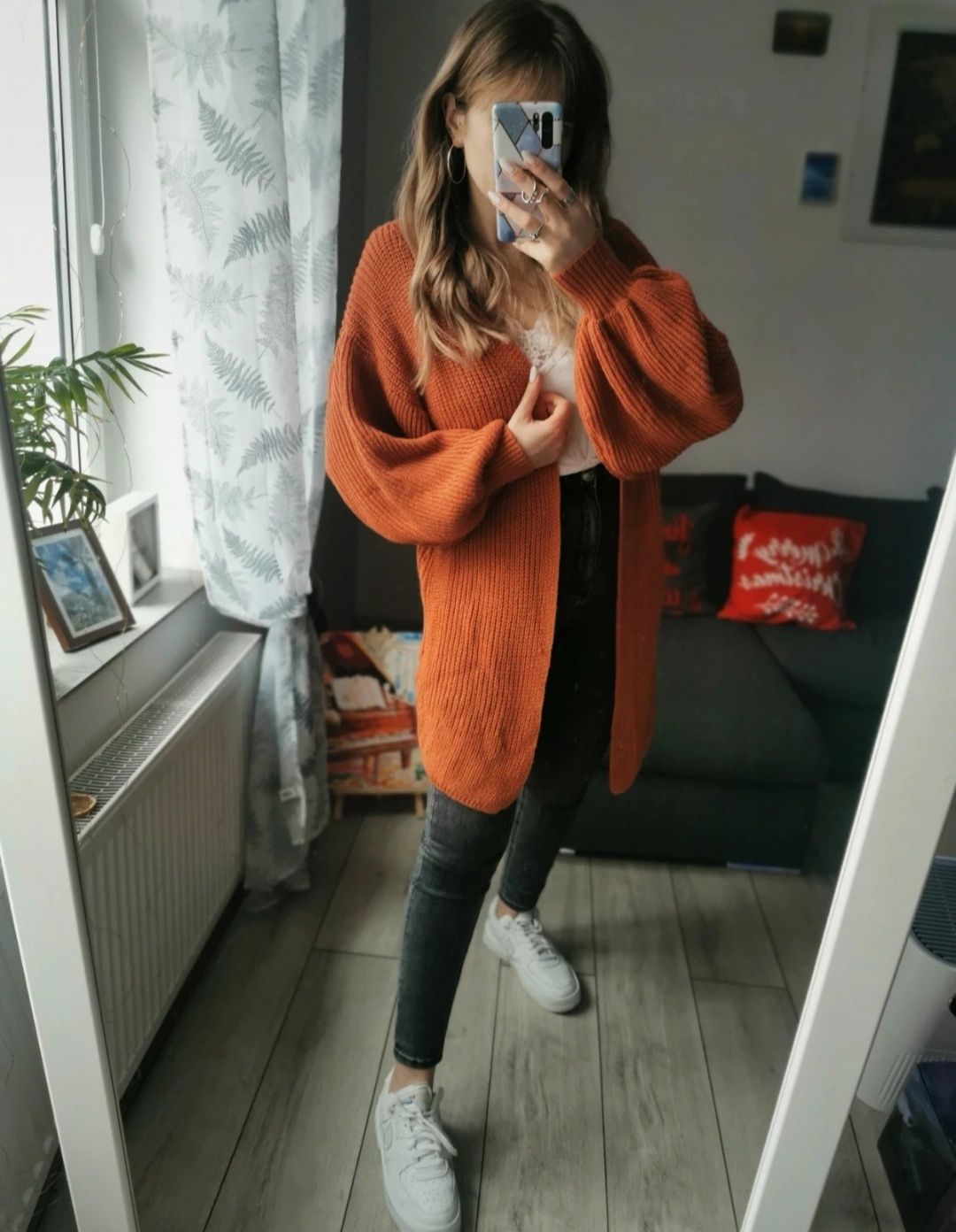 Jesienny sweter kardigan bufki bufiaste rękawy S 36 M 38 oversize