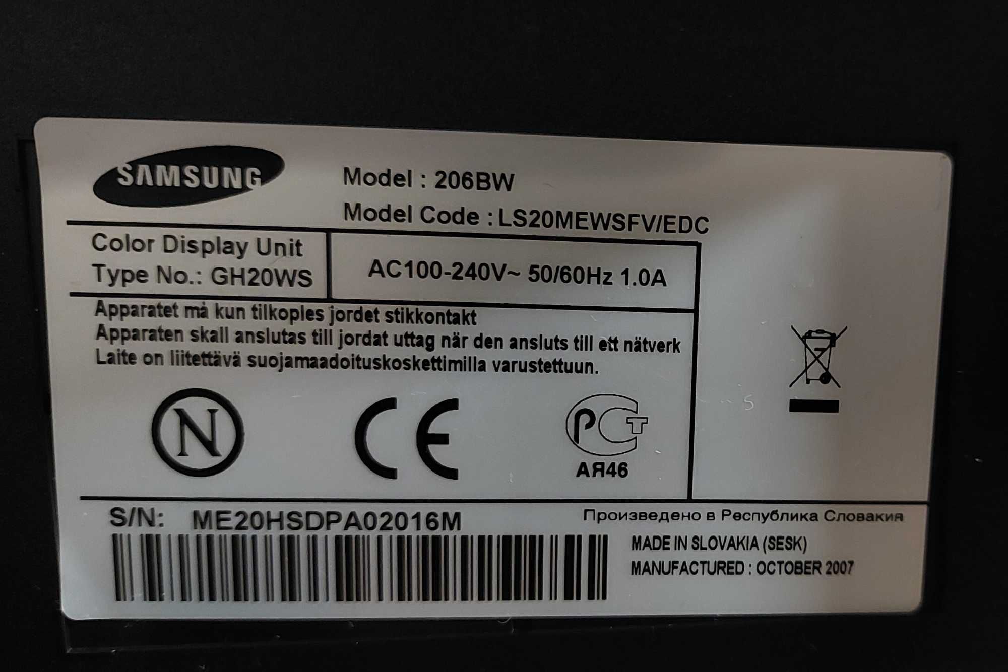 Monitor Samsung SyncMaster 206BW