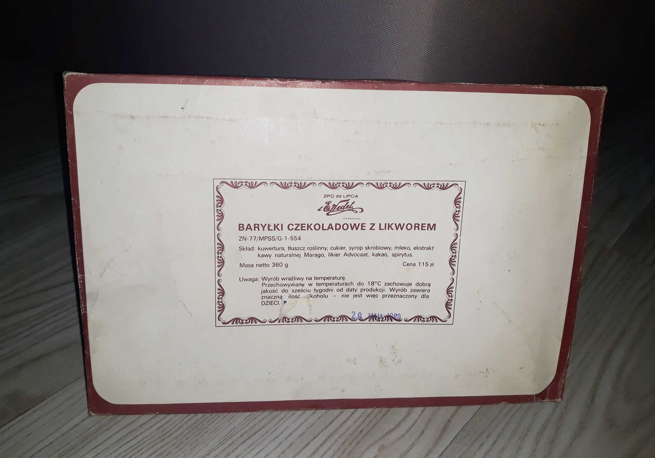 Baryłki czekoladowe z likworem pudełko Wedel PRL 22 lipca 1980
