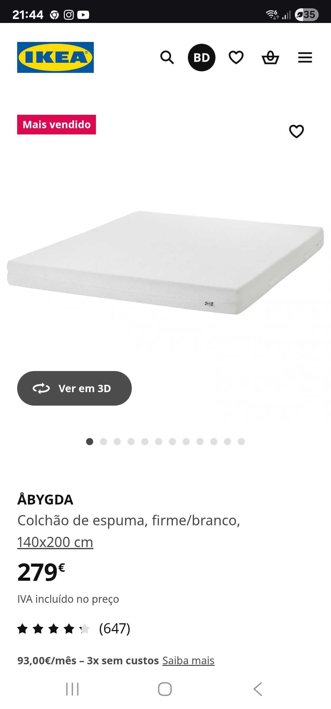 Colchão memory foam ikea Abygda