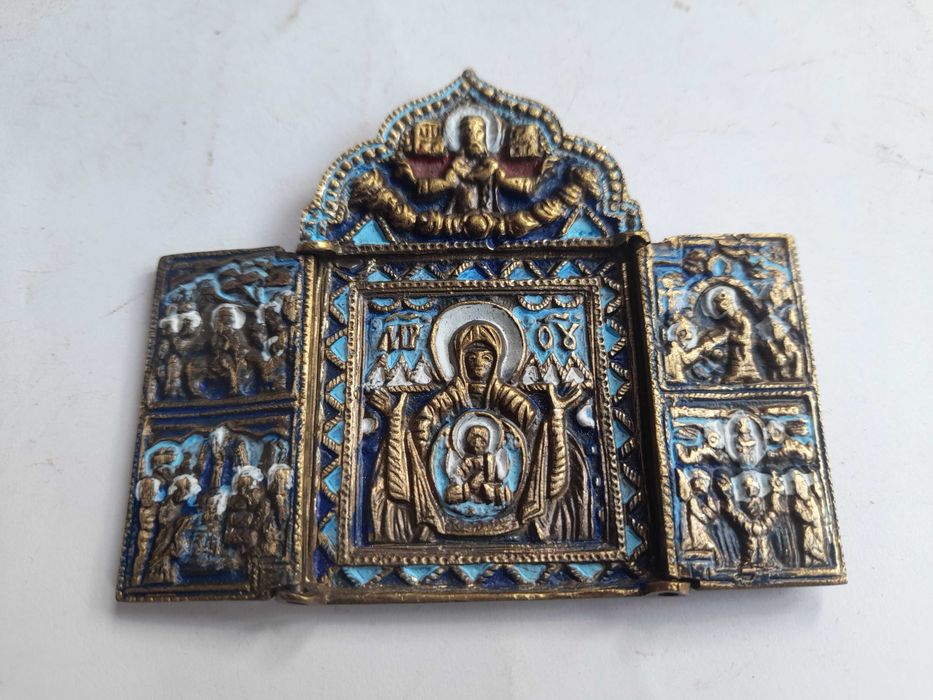 Prawosławna ikona podróżna, mosiężna malowana ze zdobieniami