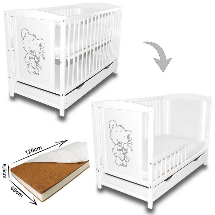 Łóżeczko dziecięce Bajka biała szuflada barierka materac kokos