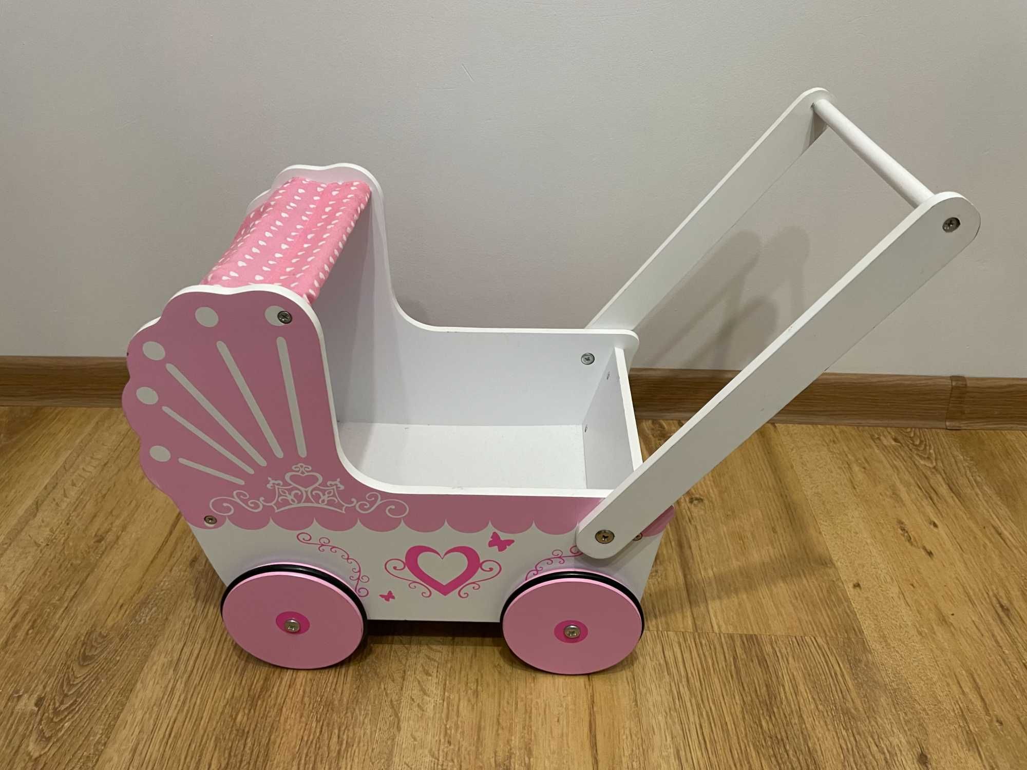 Wózek drewniany dla lalek, wózeczek zabawka biały różowy