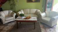 komplet wypoczynkowy - kanapa, fotele z naturalnej skóry ecru