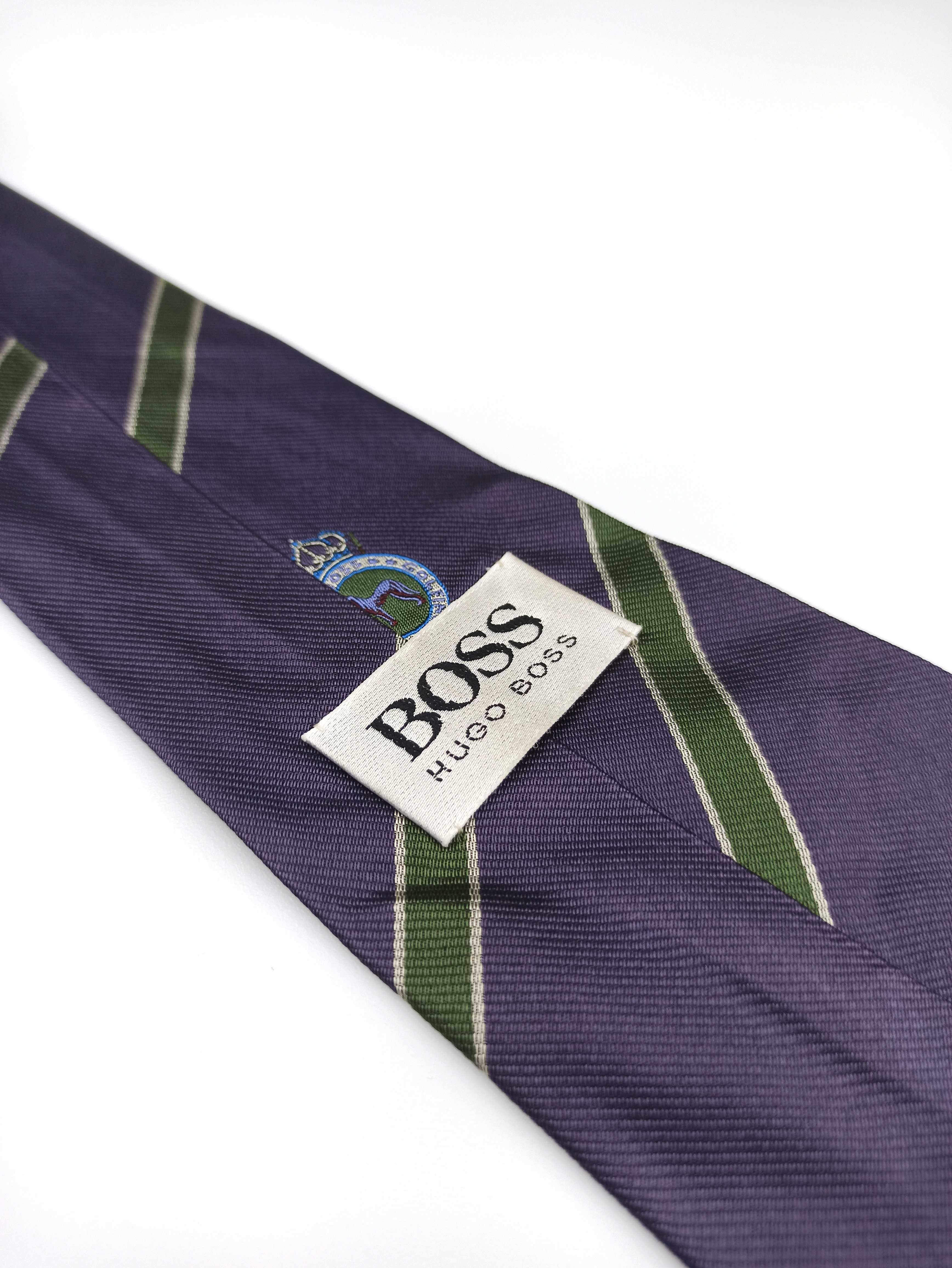 Hugo Boss fioletowy jedwabny krawat w paski vintage ulu46