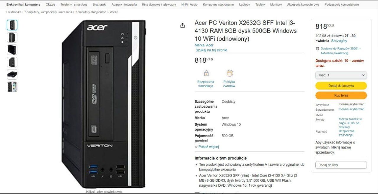 Acer PC wersja X2632G intel i3 4130 RAM 8 GB dysk 500 GB Windows10