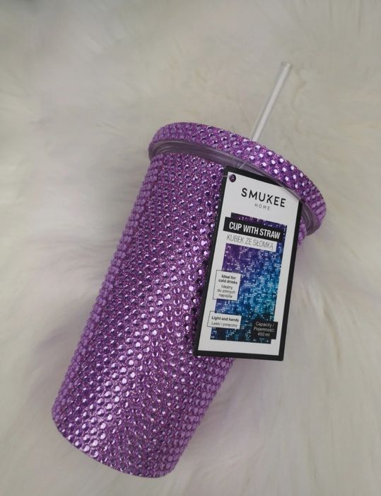 Błyszczący fioletowy kubek ze słomką duży kubek 450 ml nowy z metką