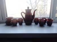 Кавовий глиняний сервіз ручної роботи: чайник + глечик + 6 чашок