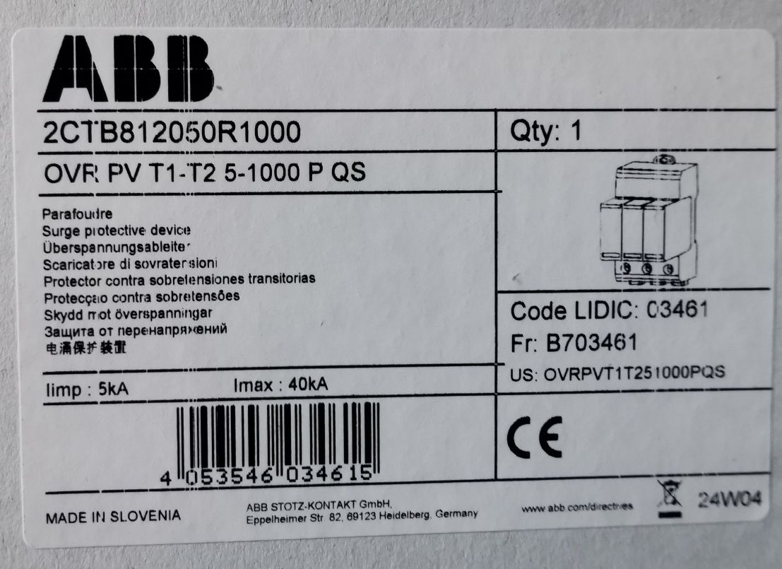 Ogranicznik przepięć ABB t1 t2 pv fotowoltaika 4szt