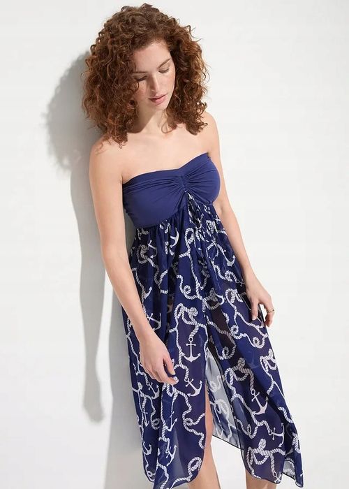 B.P.C sukienka szyfonowa plażowa bandeau granatowa w kotwice r.48