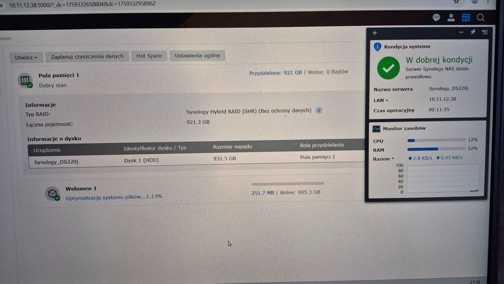 Synology DS220J dysk sieciowy NAS  1Gb z dyskiem 1TB