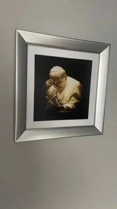 Obraz szydełkowy ręcznie robiony Jan Paweł II Papież Kotunia ślub rama